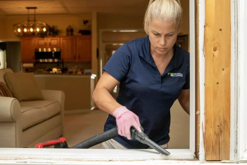 A Renewal by Andersen window installation professional cleans a window frame.